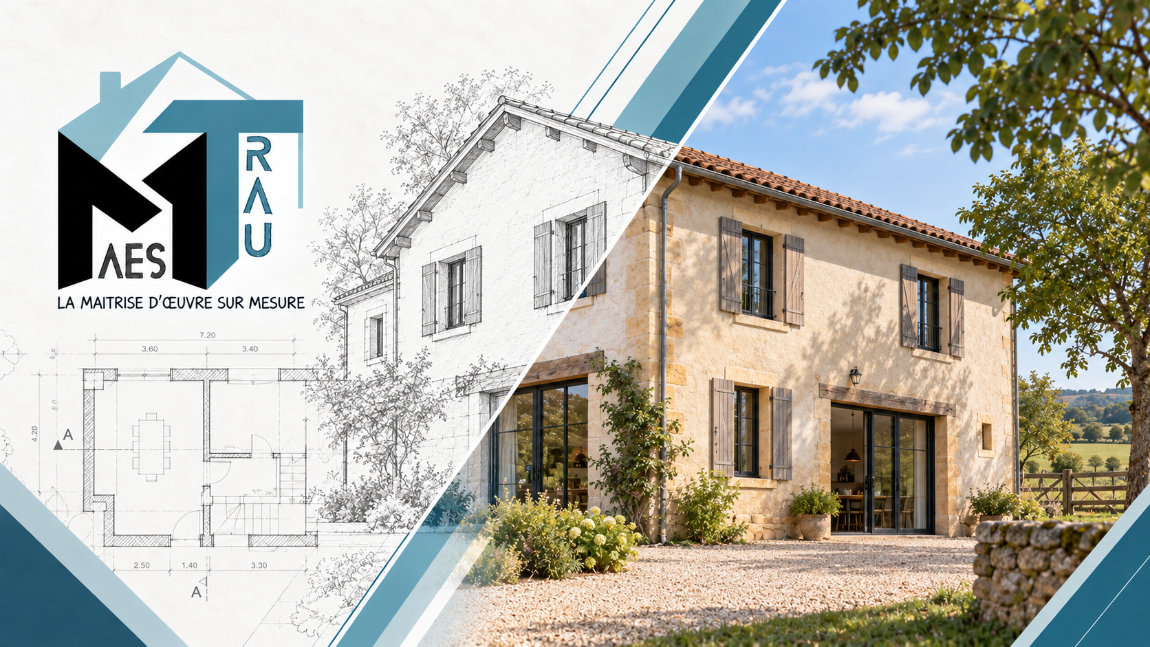 Univers MAESTRAU : plans, esquisse architecturale et maison en pierre, encadrés de diagonales bleues