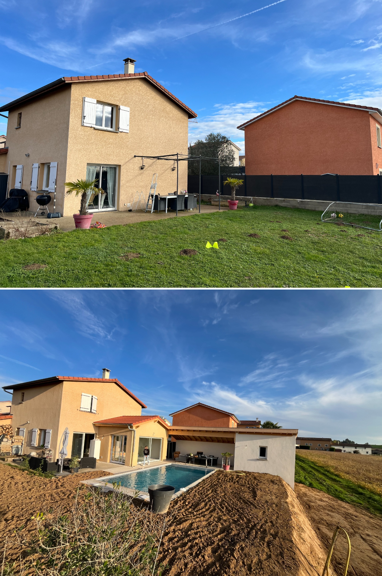 Avant et après la création de la piscine du pool house et de l’extension
